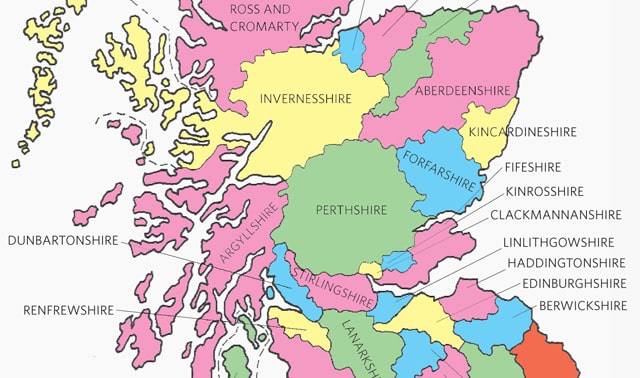 Un mapa de los condados históricos de Escocia.