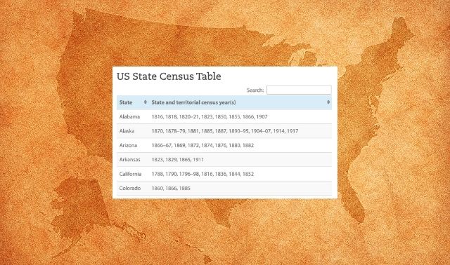 Una tabla de búsqueda de censos estatales disponibles
